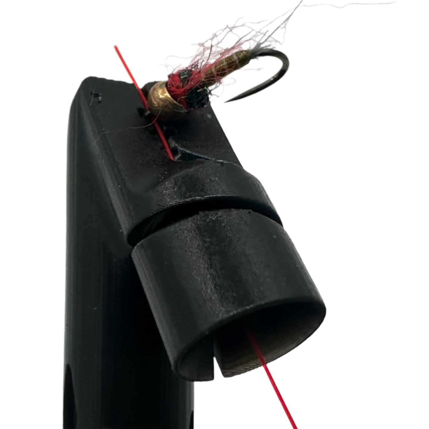 Black cylindrical object with red strings on a white background