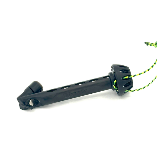 Black metal rod with green and yellow rope on a white background