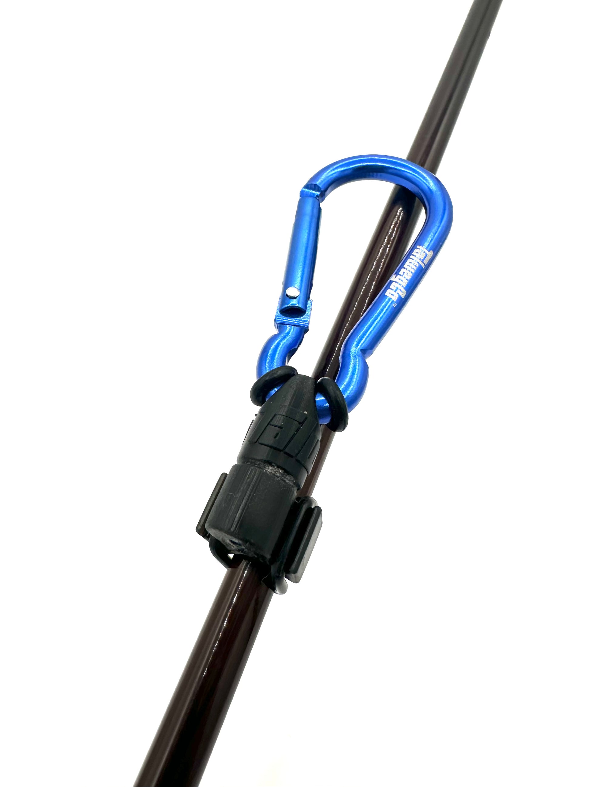 Blue carabiner attached to a rod on a white background
