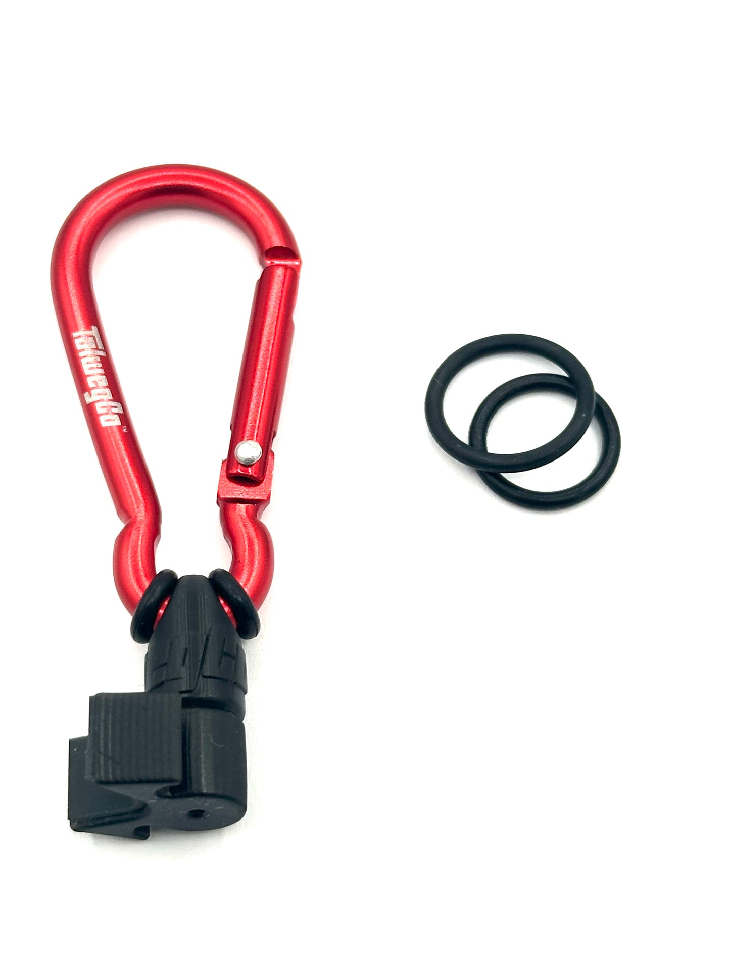 Red carabiner with black clip and black rubber band on a white background