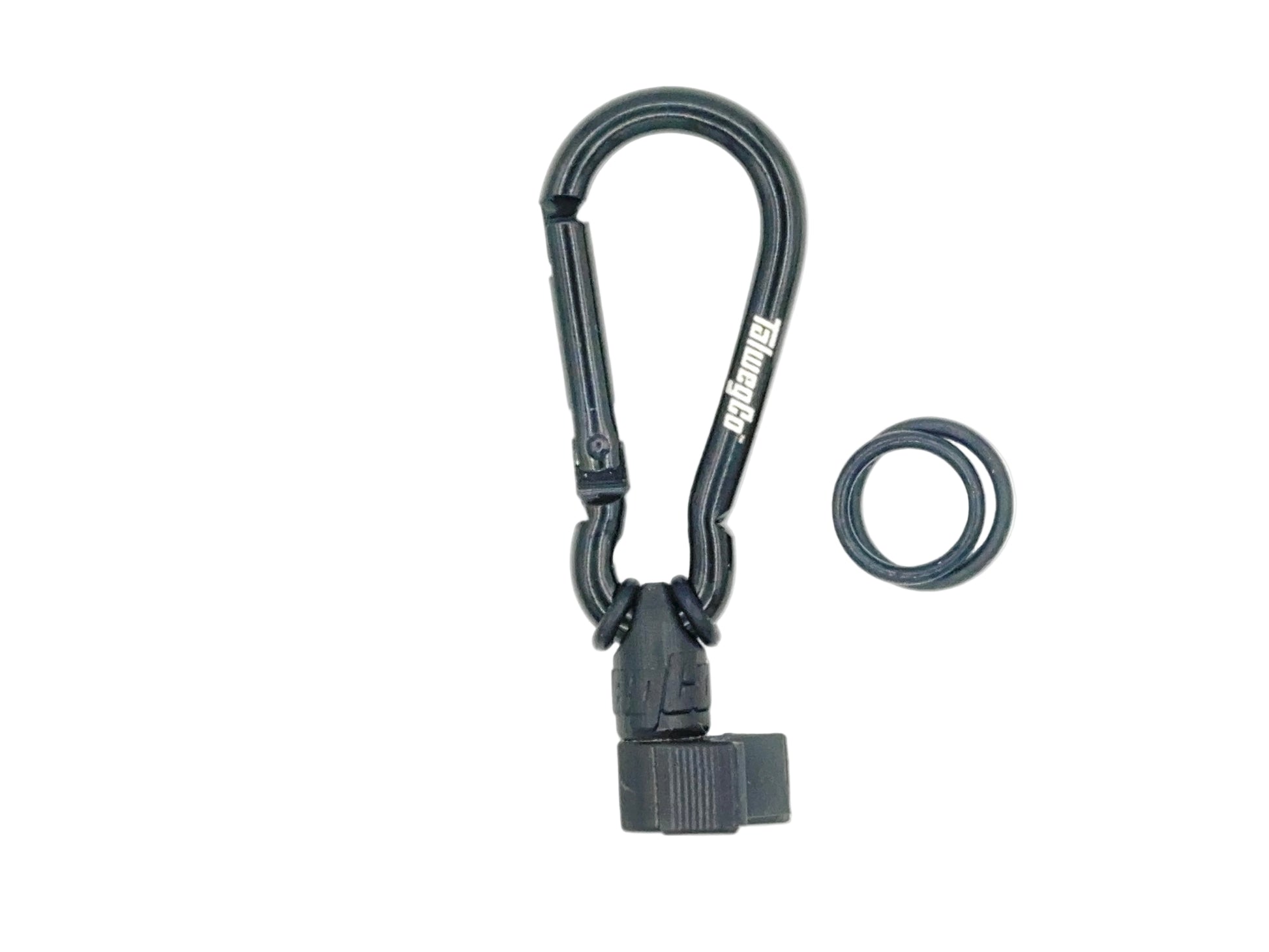Black carabiner with clip on a white background